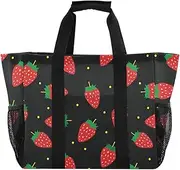 [sanluoli] Bag Foldable Large Beach Bag Sandproof Canvas Car Totes, Strawberry Minimalist Black, 1 size
