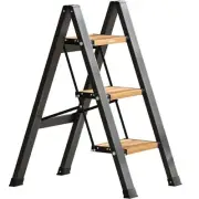 Folding 3 Step Ladder Woodgrain Aluminum Kitchen Step Stool, Anti-Slip Pedal,...