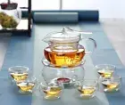 8 Pc Tea Set Special Cover Glass Teapot 600ml + Round Warmer + 6 Double Wall Cup