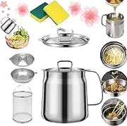 Wongfey Oil Pot, Wongfey Oil Pot Stainless Steel Large Capacity Oil Fryer and Filter Cup Combo, 304 Stainless Steel Oil Filter Pot, Versatile Oil Filter Vessel Frying Net Tank for Kitchen (1.5L)
