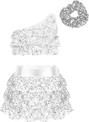 [Jugaoge] Girls Sequins Dance Outfits Single Shoulder Crop Top with Culottes Skirt Headwear 3pcs Set