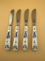 Set of 4 Vintage Knife White & Blue Porcelain Handle Spread Butter Pate Cheese