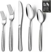 40-Piece Hammered Silverware Set, Deedro Stainless Steel Heavy Duty Silver