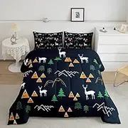 Erosebridal Happy Camping Comforter Set Queen Size, Cartoon Deer Antlers Quilt for Kids Boys Girls Teens Adult Bedroom Decor, Camper RV Decor Bedding Set Mountain Tree Duvet Insert, Dark Blue