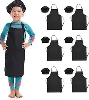 Hi loyaya 6 Black Pack Adjustable Kids Apron and Chef Hat for Cooking Baking Painting Art, Kids Apron for Girl Boy with 2 Pockets(S-Black)