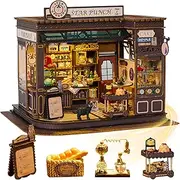 Yiwsnust DIY Miniature House Kit - Coffee Shop Wooden Dollhouse Kit with LED Lights -Mini House Making Kit with Furniture - Tiny House kit for Adults to Build - Miniature Kits Craft Gift