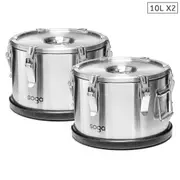 SOGA 2X 10L 304 Stainless Steel Insulated Food Carrier Warmer Container with Anti Slip Rubber Bottom