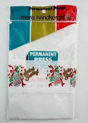 Vintage Men's Permanent Press 3 Handkerchiefs White Kmart 16” X 16” Christmas