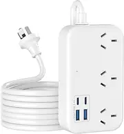 USB Power Board, Power Strip with 3 AC Outlets and 4 USB(2 USB C and 2 USB A), White Powerboard with 1.2M Extension Lead for Desk Travel School Home Office Accessories