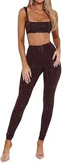 [Molilove] Women Two Piece Outfits Sparkle Sequin Sleeveless Cami Crop Top Bling Glitter High Waist Slim Leggings Lounge Sets