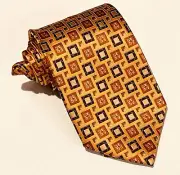 NWT ERMENEGILDO ZEGNA Deep Gold Pumpkin Brown/Blue Squares Matte Satin Silk Tie