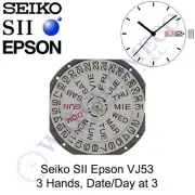 Genuine Seiko SII Epson VJ53 Watch Movement Japan 3 Hands, Date/Day at 3