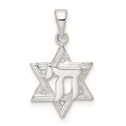 Sterling Silver Polished And D/C Star Of David W/Chai Pendant