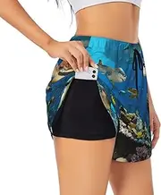 [WURTON] Sea Turtles Print Exercise Gym Workout Shorts Women's Athletic Shorts Dual-Layered Yoga Running Shorts