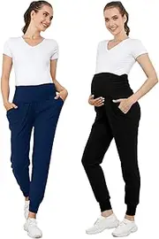 [PARNIXS] Pregnant Women's Two Piece Set with Basic Elasticity, Pocket Soft Leg Tight Exercise Yoga Pants