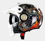 Vintage Open Face Motorcycle Helmet Double Visor, Retro Electric 3/4 Half Helmet with Mask Adult Men Women Half Face Helmet, DOT/ECE Certified Street Bike Scooter Chopper Helmet D,M(57-58CM)
