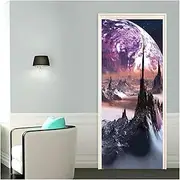 Door Stickers Universe Planets Door Stickers Wallpaper Cosmic Galaxy Starry Sky Doors Murals Shining Solar System Decals Poster(I,95x215cm)