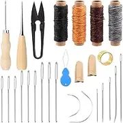 Glarks 27Pcs Leather Working Tools and Supplies Kit, Leather Sewing Kit with Waxed Thread Large-Eye Stitching Needles Threader Awl Scissors Thimble Ring Finger Cot for DIY Leather Craft