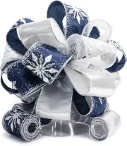 CT CRAFT LLC Blue Snowflake Christmas Tree Topper Bow 11" with 4 Ribbon
