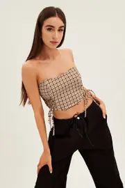 Brown Check Corset Top Strapless Crop Structured Tie Up Detail - Size 14, Women's Crop Top