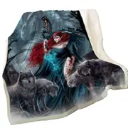 Dark Forest Redhead Witch Dragon and Wolves Throw Blanket