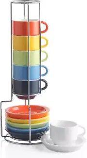 Porcelain Espresso Cup & Saucer Set, Stackable Demitasse Cups with Metal Stand,