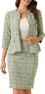 [Allegra K] Women's 2 Piece Tweed Skirt Set Suit 3/4 Sleeve Jacket Pencil Skirt Elegant Business Suits for Women