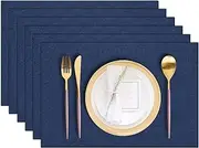 LANDVIEW Cloth Placemats Set of 6, Cotton Linen Blend Machine Washable Durable Linen Table Mats, Heat Resistant Placemats Wrinkle Free Place Mats for Dining Table, Easy to Clean (Navy Blue, 6)