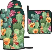 3 pcs Oven Mitts and Pot Holders Set 500°F Heat Resistant Oven Gloves and Hot Pads Kitchen Mittens Cactus Floral Bloom Cooking Gloves Potholders for Baking Grilling