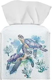 Pzuqiu Beach Turtle Tissue Box Cover PU Leather Square Tissue Box Holder Organizer Pumping Paper Case Easy to Clean Sturdy Soft for Condo Bedroom Cars Campers Office Table
