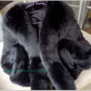 100% Real Fox Fur Coat Women's Fur Short Overcoat Jacket Black with Two Tail