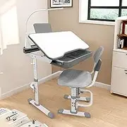 Yinleader Kids Desk and Chair Set,Height Adjustable,Spacious Storage Drawer,with Adjustable Tilted Desktop, Bookstand, Touch Led Lamp for School Student (Gray Set)