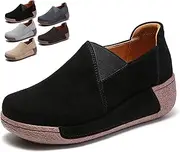 [Generic] Women's Platform Loafers - Slip-On Wedge Sneakers Breathable Leather Upper Lightweight 1.9 Inch Thick Sole Round Toe Comfortable Walking Work Shoes Suitable for Spring Summer Autumn