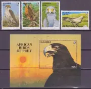 GAMBIA 1993 AVES DE PRESA FAUNA 4 VALORES + HOJITA BLOQUE NUEVOS MNH