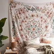Beige Bohemian Tapestry Wall Hanging, Mandala Flower Medallion Hippie Tapestry with White Aesthetic Wreath Design, Psychedelic Hippie Wall Decoration Ceiling for Bedroom Dorm 150 x 170 cm