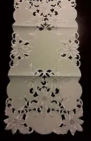 16x72"Embroidered Floral Tablecloth White Poinsettia Table Runner Home Decor