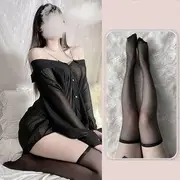 Long-Sleeve Cold Shoulder Plain Sheer Shirt / Thongs / Tights / Stockings / Set Set Of 3 - Shirt & Thong & Stockings - Black - One Size