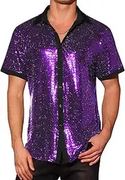 [Lars Amadeus] Sequins Shirts for Men's Short Sleeves Disco Party Sparkly Metallic Shirt