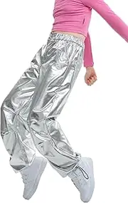 [LOLANTA] Girls Metallic Jogger Pants, Shiny Jazz Street Hip Hop Dance Pants 7-16, Convertible Leg Opening