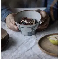 在飛比找ETMall東森購物網優惠-久伴日式高腳碗手工粗陶復古手繪花紋甜品店餐廳咖啡廳民宿家用碗