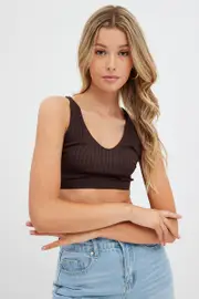 Brown Tank Top V Neck Seamless - Size XS, Women's Singlet