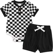 [PanLidapan] Newborn Baby Boys Summer Bodysuit Outfit Checkerboard Short Sleeve Romper Set Elastic Waist Drawstring Shorts 2Pcs Clothes Set