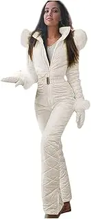 [Generic] Women One Piece Snow Suits Winter onesie Ski Suit with Fur Collar Hood Jumpsuit Outdoor Waterproof Ski Outfits Romper