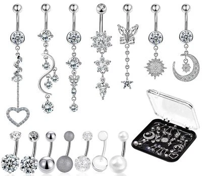 14 PCS Belly Button Rings for Women, 14G Long Dangle Navel Ring Screw Bar Des...