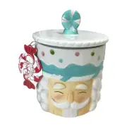 Nutcracker Peppermint Christmas Ceramic Cookie Jar Canister Pastel Blue Decor