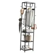 Coat Rack Freestanding, Hall Tree with 3 Storage Shelves and 12 Hooks, Black