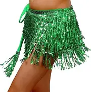 [Generic] Belly Dance Hip Scarf Halloween Party Belly Dance Beaded Waist Chain Sequins Hip Towel Tassels Waistband Belt Dance Performance Belly Dance Waist Belt(Green)
