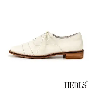 【HERLS】牛津鞋-全真皮異材質層次拼接小方頭牛津鞋(米白色)