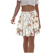 Boho Floral Mini Skirt - Light Green with Red Flower