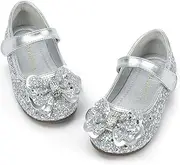[PANDANINJIA] Flower Girl Shoes Toddler Little Kid Ballet Flats Pearls Wedding Party Mary Jane Girls Dress Shoes, Silver Sequin, 10 Toddler